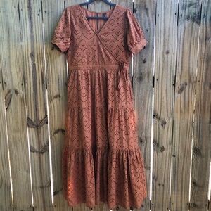 L.O.V. Tiered Midi Dress Size L Eyelet Rust Orange Puff Sleeve Shirt 100% Cotton